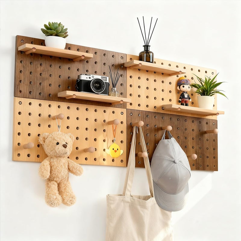 UMICAL Brown & Beige Wood Pegboard Modular Display Wooden Pegboard Combination Wall Organizer Storage Wall Hooks Shelf for Home, Office, Bathroom, Comes with 4 Pieces Pegboards - Image 2